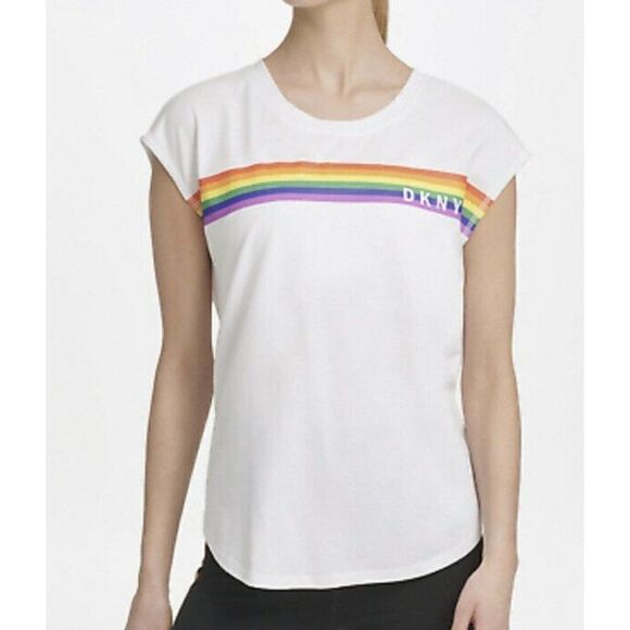 DKNY Sport White Rainbow Striped Logo Tank Top Women's Large NWT - Picture 1 of 9